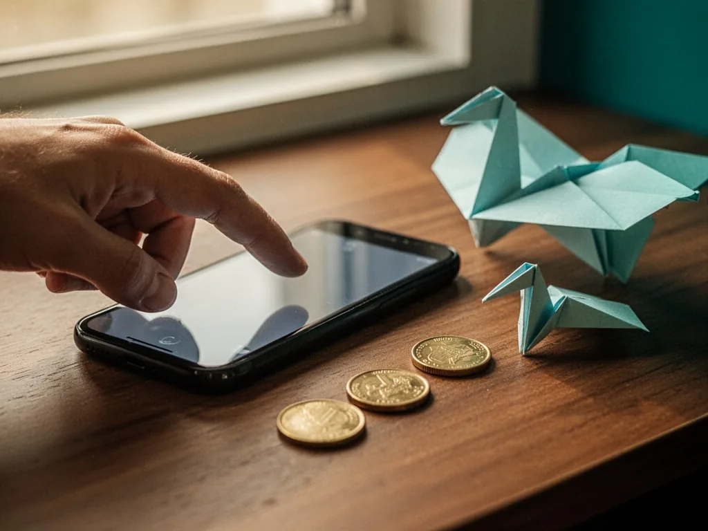 A close-up of a finger tapping a smartphone screen, three small golden coins and a folded paper plane resting on a woode