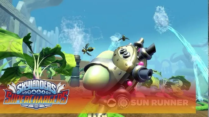 La figurine du véhicule Sun Runner de Skylanders SuperChargers, une soucoupe volante aux tons blancs et or posée sur un fond sombre