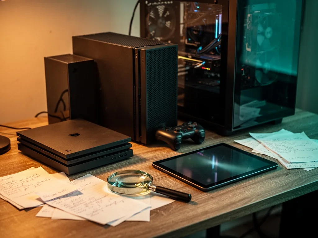 A gaming console, a PC tower, and a tablet arranged on a wooden desk with a magnifying glass and scattered notes, warm a