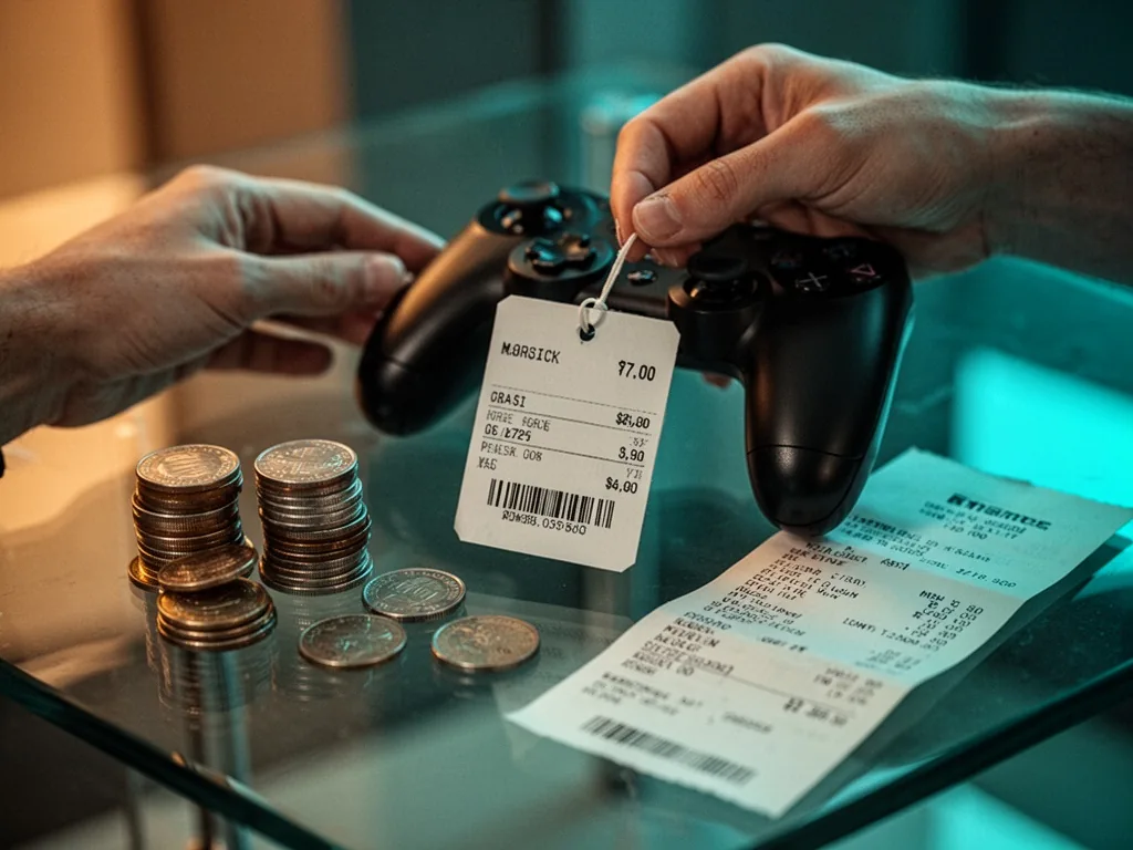A hand holding a price tag attached to a gaming controller, stacks of coins and a receipt on a glass table, cool teal li