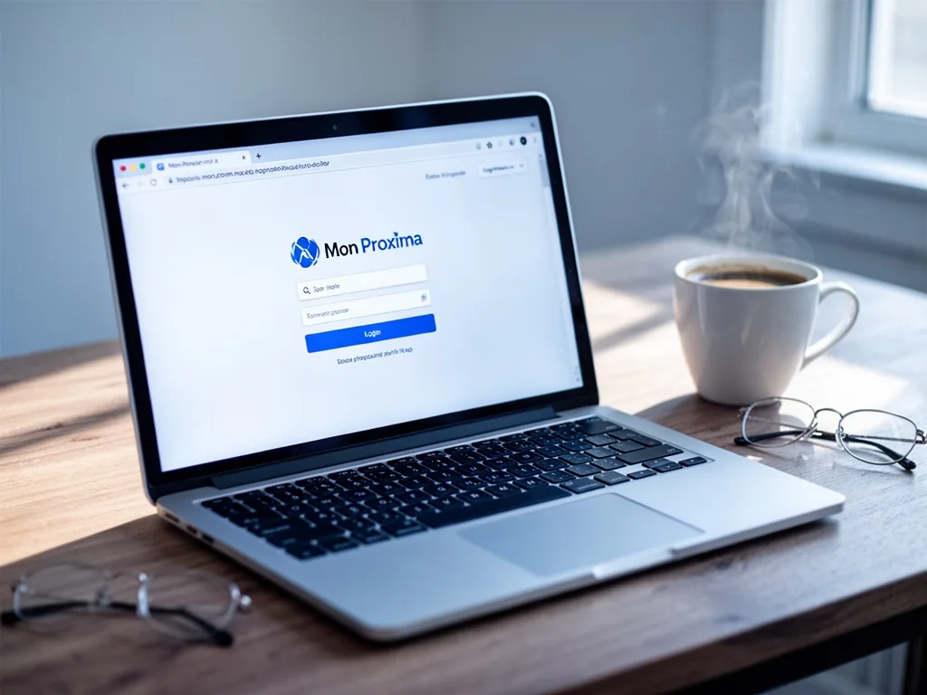 A laptop screen showing a web browser with the Mon Proxima login page, on a wooden desk beside a coffee cup and glasses,