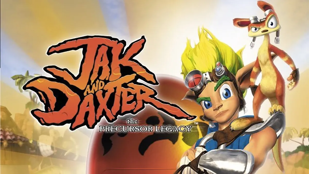 Jak contemple un paysage de jungle et de ruines antiques, Daxter perché sur son épaule, dans une lumière de fin d’après-midi qui souligne les textures nettes du remaster HD.