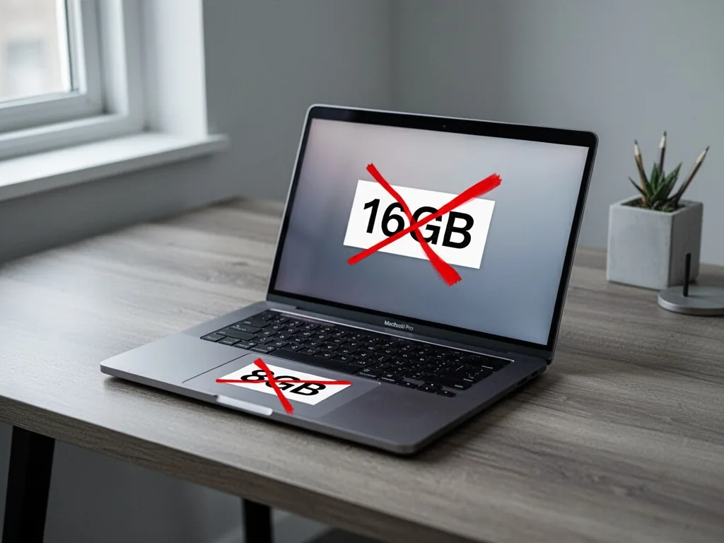 A new MacBook Pro with a '16GB' sticker covering an old '8GB' label, crossed out with red marker, on a wooden desk