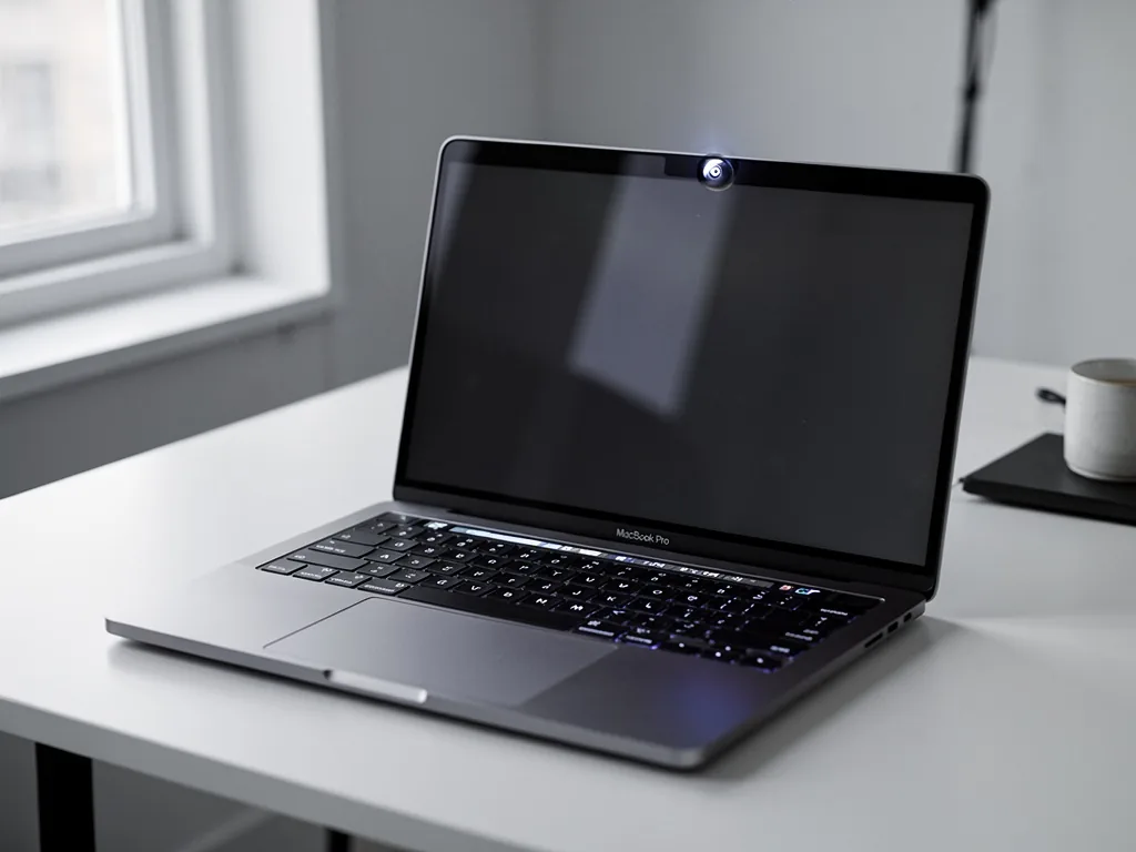A sleek MacBook Pro keyboard with illuminated keys, a small webcam lens above the screen, soft studio light