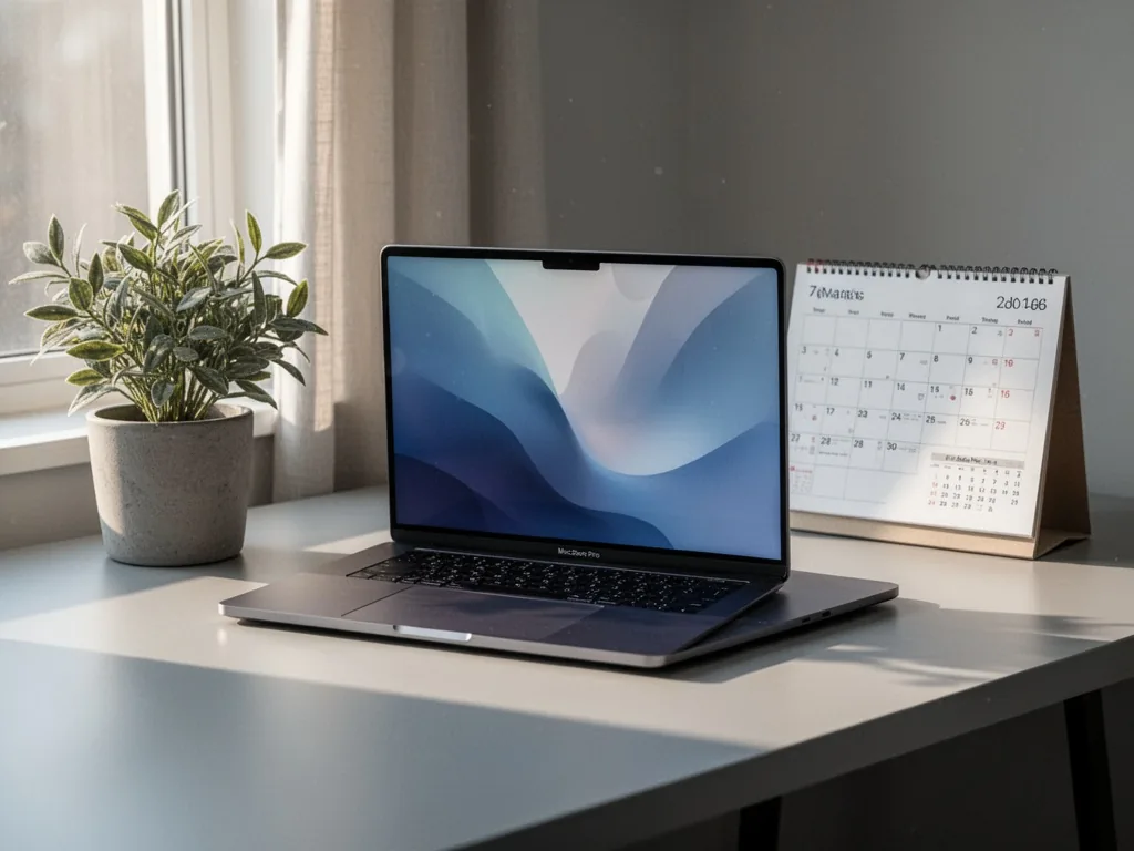 A MacBook Pro M4 on a desk next to a plant, a calendar showing seven months ago, morning sunlight