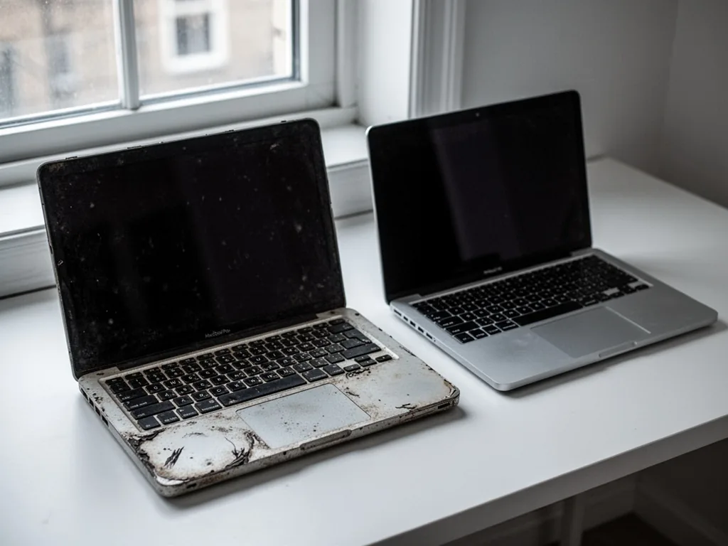 An aged MacBook Pro with worn keys and scratches on the palm rest, sitting next to a new identical model, diffused windo