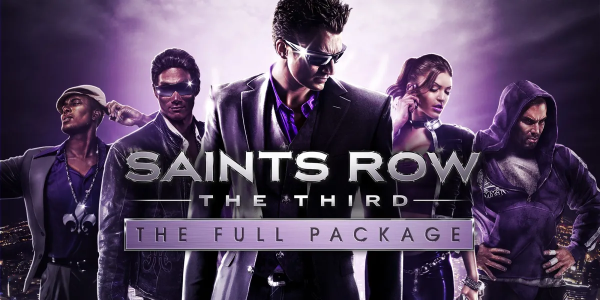 Personnage déjanté de Saints Row: The Third brandissant un pistolet à requins au milieu d'une rue de Steelport, avec une explosion et un char en arrière-plan.