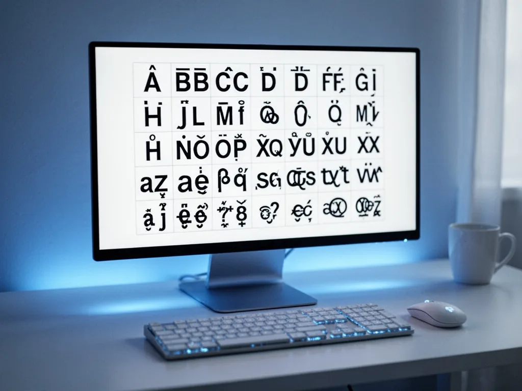 A computer monitor displaying a grid of bold Unicode characters, keyboard in foreground, soft blue LED glow, tidy desk