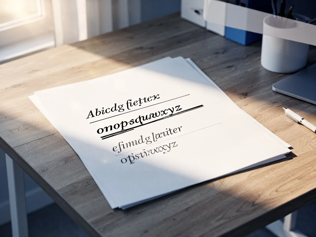 A white office paper with italic, underlined, and strikethrough text samples, lying on a wooden desk, warm sunlight