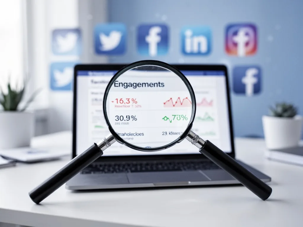 A magnifying glass focusing on a laptop screen showing engagement metrics, blurred background of social media icons
