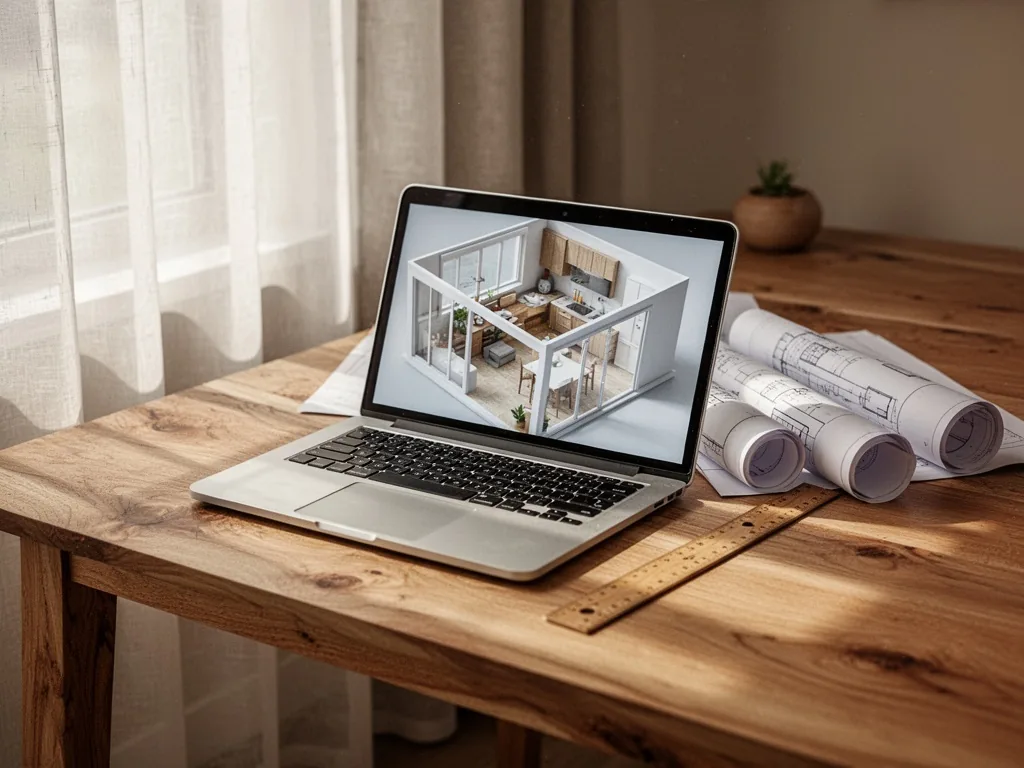 A laptop displaying a 3D interior model, beside rolled blueprints and a wooden ruler, on a natural oak desk, filtered su