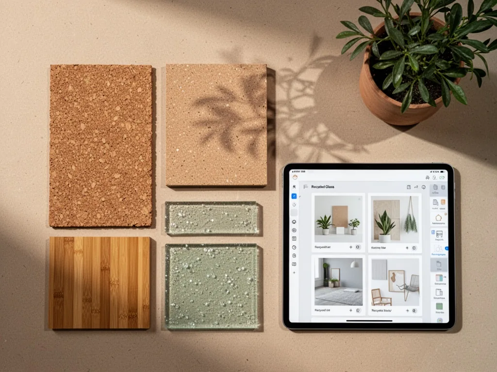 A flat lay of natural material samples, cork, bamboo, recycled glass, next to a tablet showing a design app, soft shadow