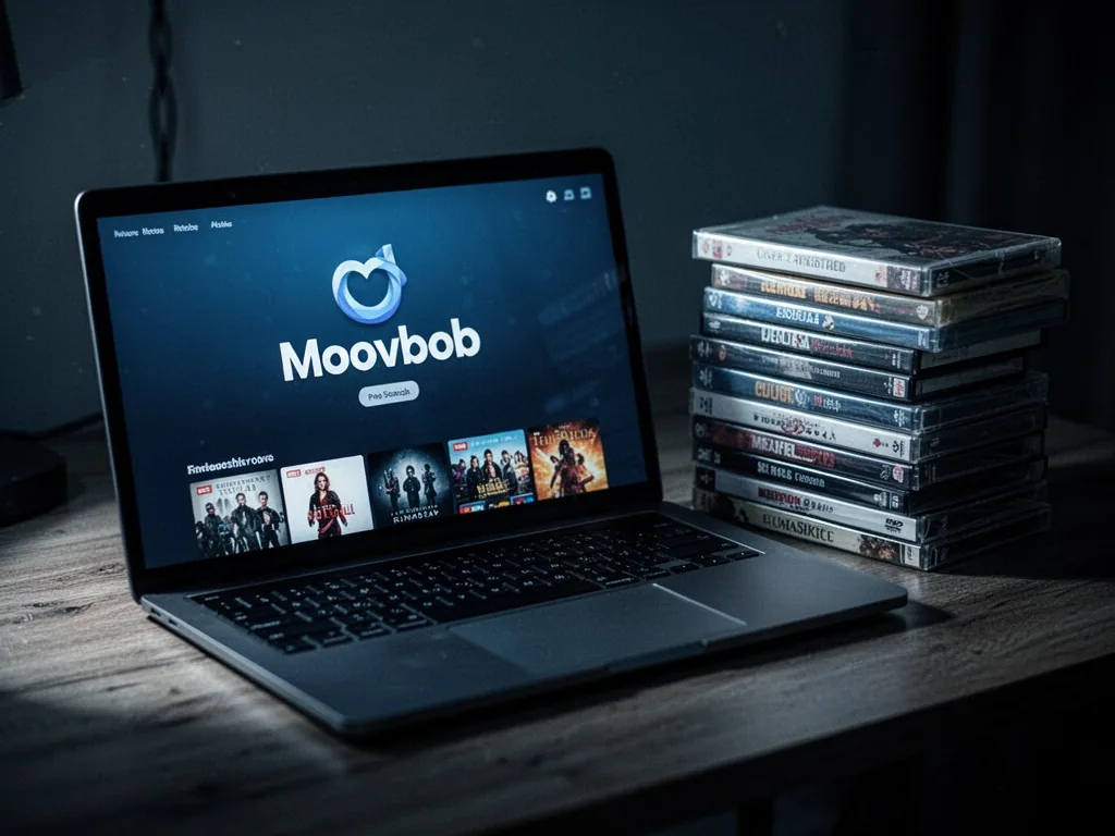 A laptop screen displaying a streaming service homepage with the Moovbob logo, a stack of old DVD cases beside it on a w