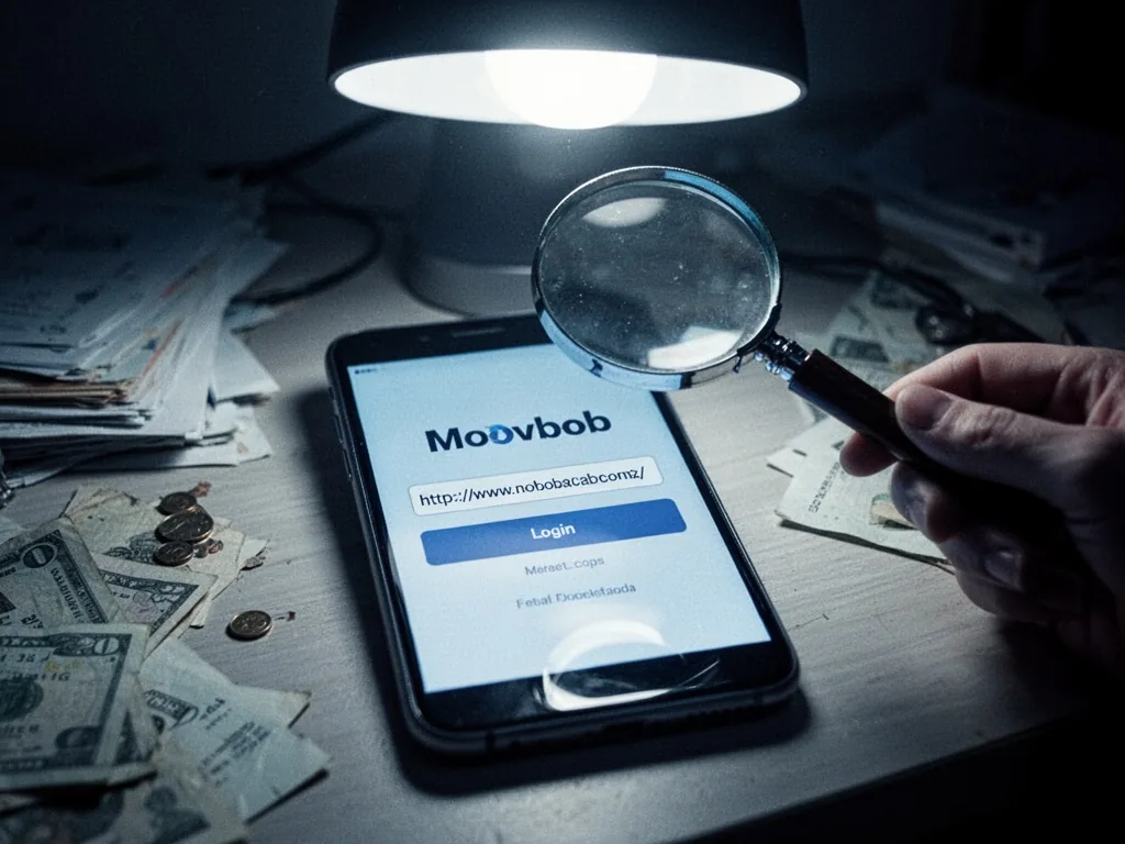 A smartphone screen showing a fake Moovbob login page with a misspelled URL, a magnifying glass held above it, harsh ove