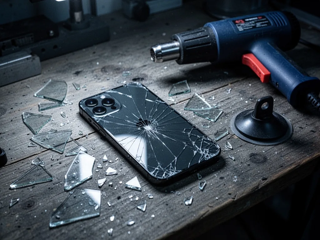 A cracked iPhone 12 Pro Max back glass on a wooden table, a heat gun and suction cup nearby, glass shards scatter, dim w