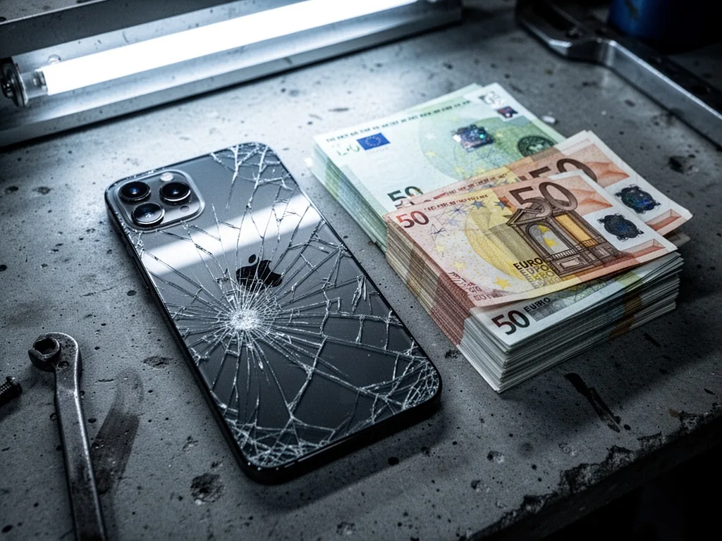 An iPhone 12 Pro Max with shattered back glass placed next to a stack of fifty-euro bills, harsh fluorescent light, conc