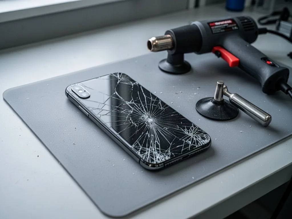 An iPhone X with a spider-webbed cracked glass back, lying face-down on a clean mat, a heat gun and suction handle besid