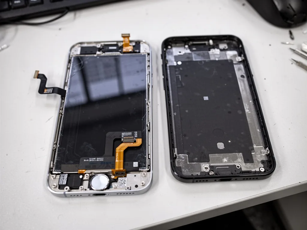 A complete smartphone screen replacement assembly with metal frame, flex cables and home button, placed beside an empty 