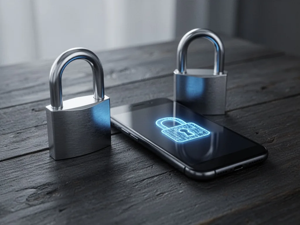A metallic silver padlock with a glowing blue digital padlock icon on a smartphone screen, soft gray ambient light, plac