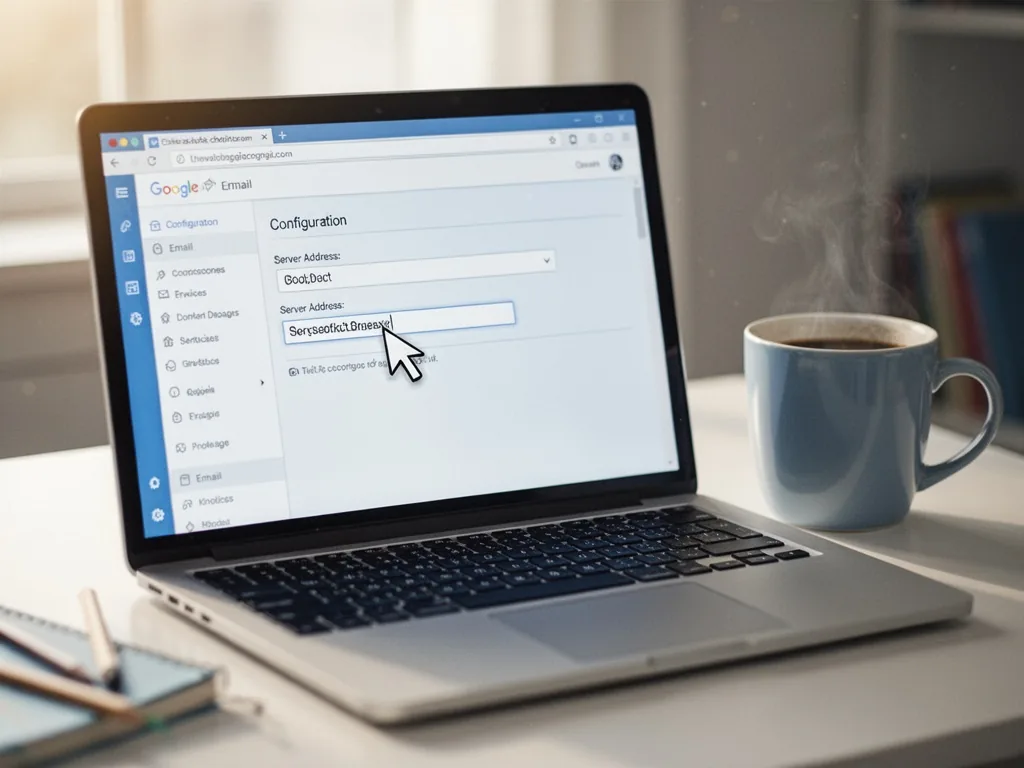 A laptop screen displaying email configuration settings, cursor hovering over a server address field, a coffee mug besid