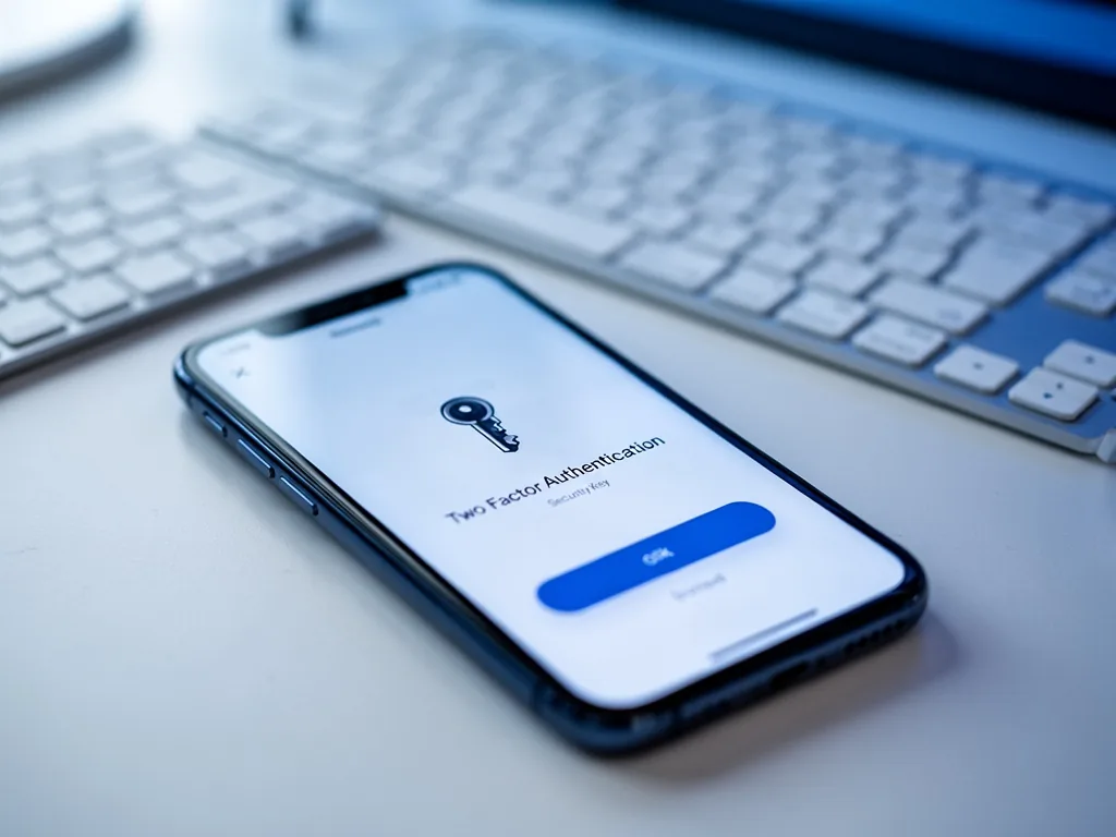 A smartphone showing a two-factor authentication prompt with a security key icon, blurred keyboard in background, cool b