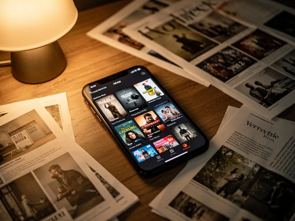 A smartphone screen showing a grid of product thumbnails like a streaming service menu, surrounded by scattered magazine