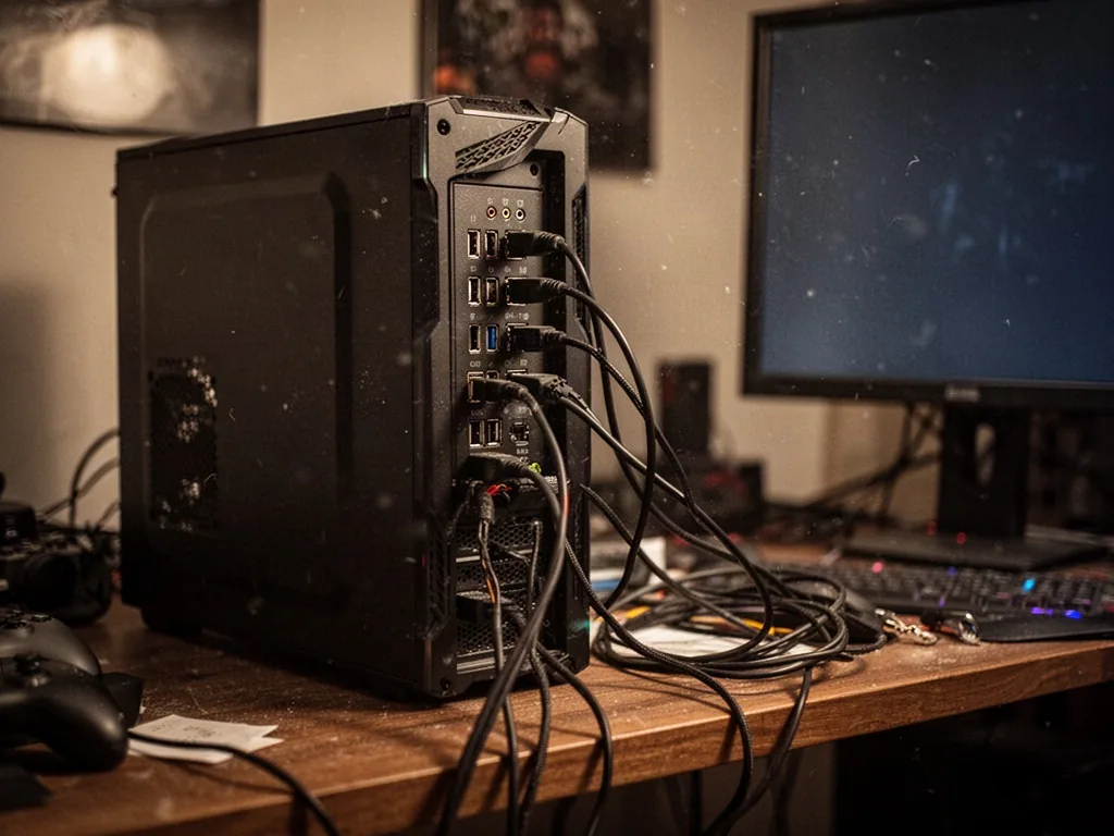 A gaming PC tower with a row of unused USB ports and tangled cables, on a wooden desk beside a monitor, warm ambient lig