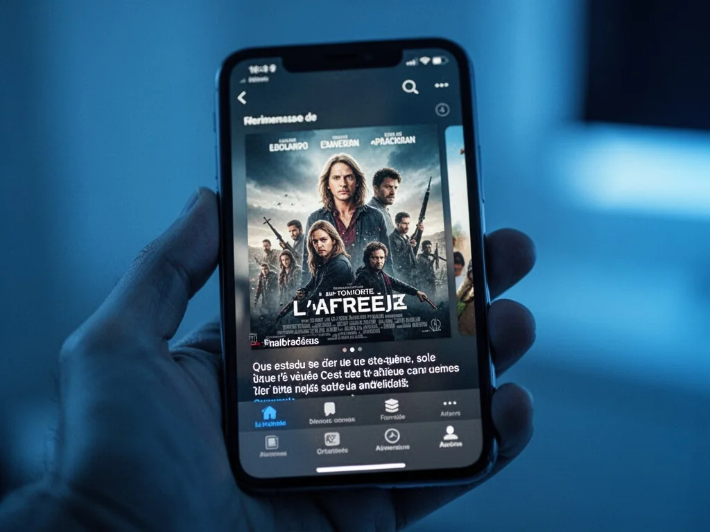 A smartphone screen displaying a streaming app interface with a foreign film poster and French subtitles at the bottom,