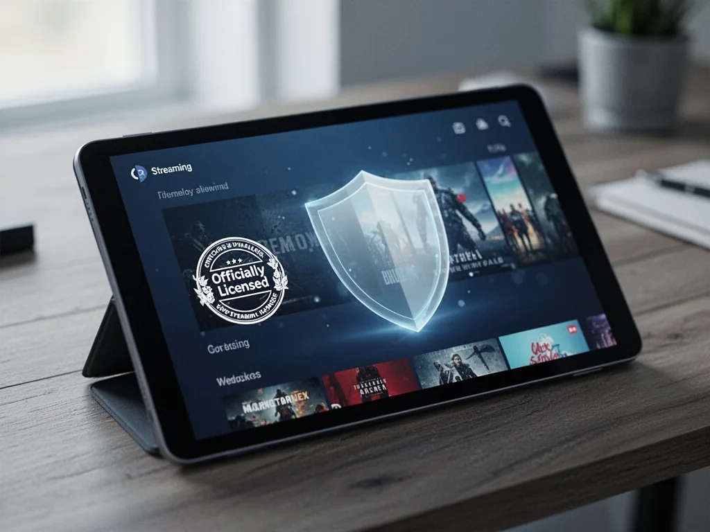 A tablet screen showing a streaming app with an 'Officially Licensed' badge and a translucent shield icon, resting on a