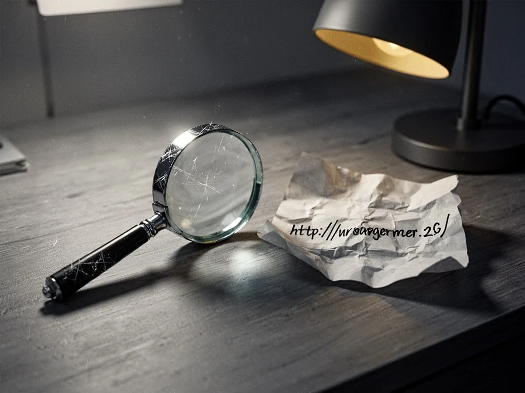 A magnifying glass with a scratched metal frame resting on a wooden desk next to a crumpled paper with a handwritten URL