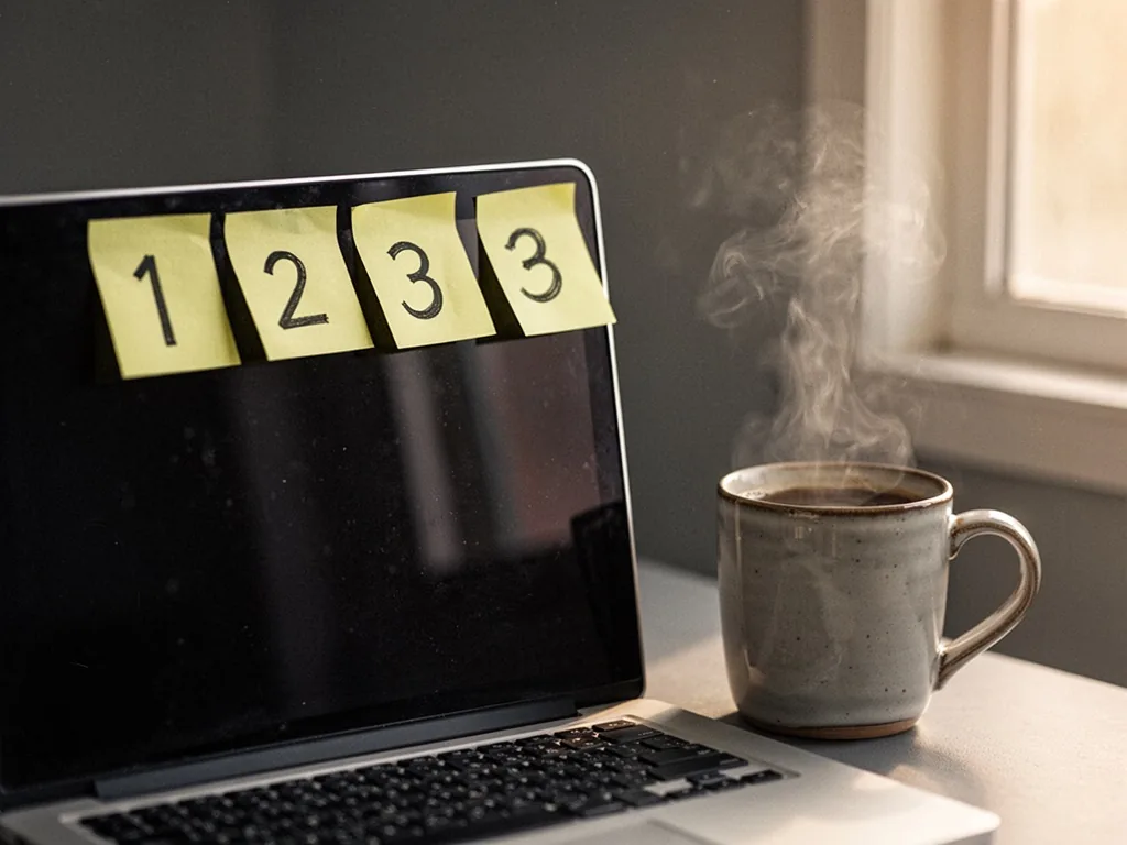 Three sticky notes numbered 1, 2, 3 attached to the top of a laptop screen bezel, a ceramic coffee mug with gentle steam