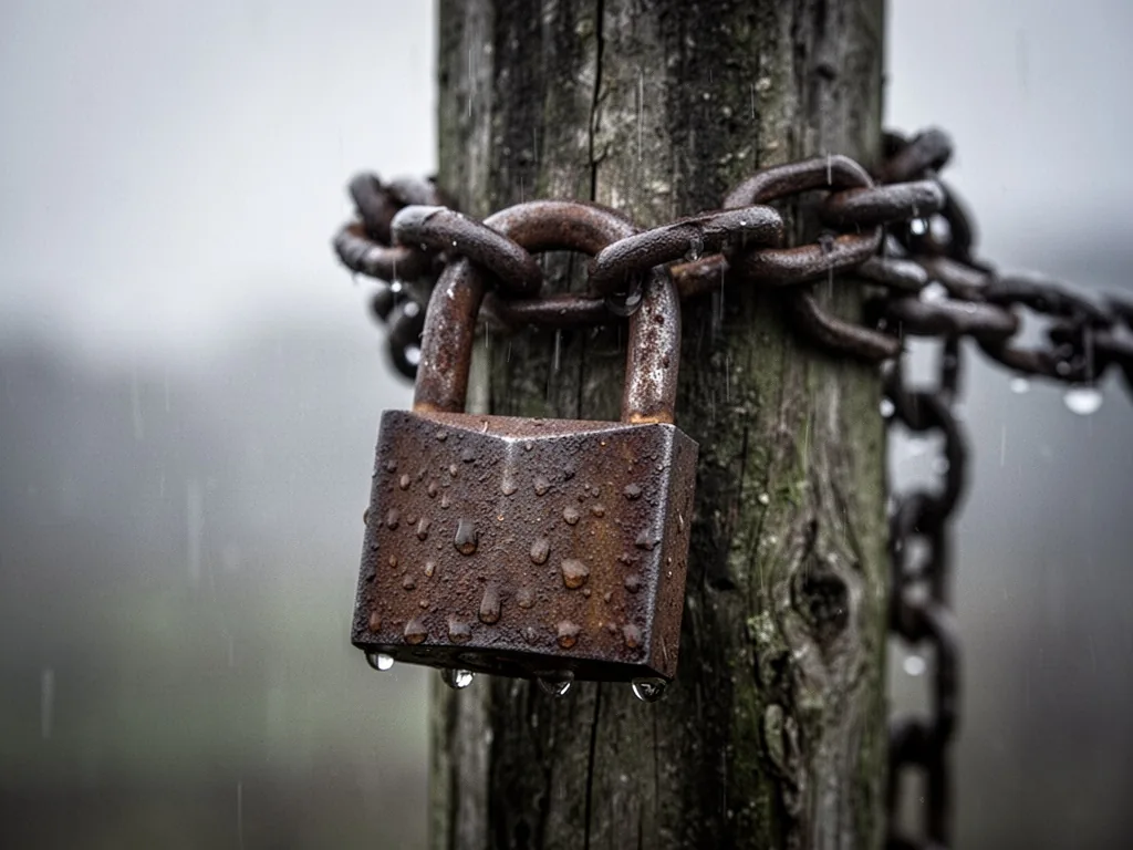 A rusty padlock hanging from a loose chain wrapped around a weathered wooden post, grey overcast daylight with fine rain