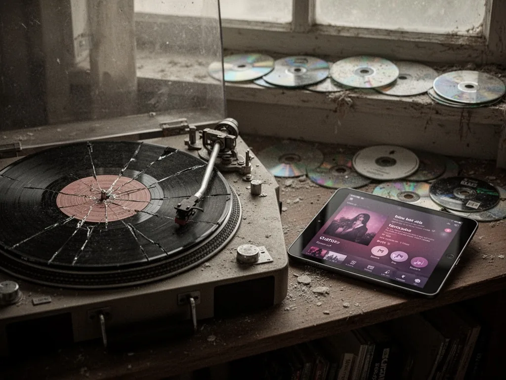 A vintage turntable with a cracked record spinning, beside a sleek new tablet showing a digital music app, scattered old