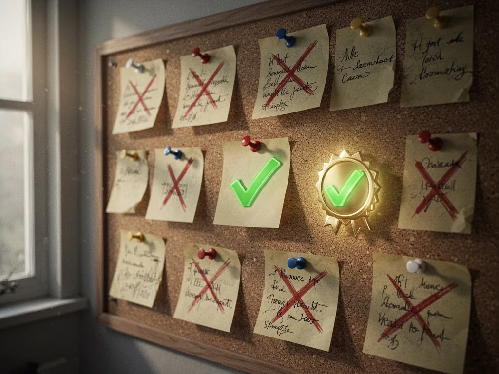 A cork bulletin board covered in pinned notes, some crossed out with red marker, a single note with a green checkmark an
