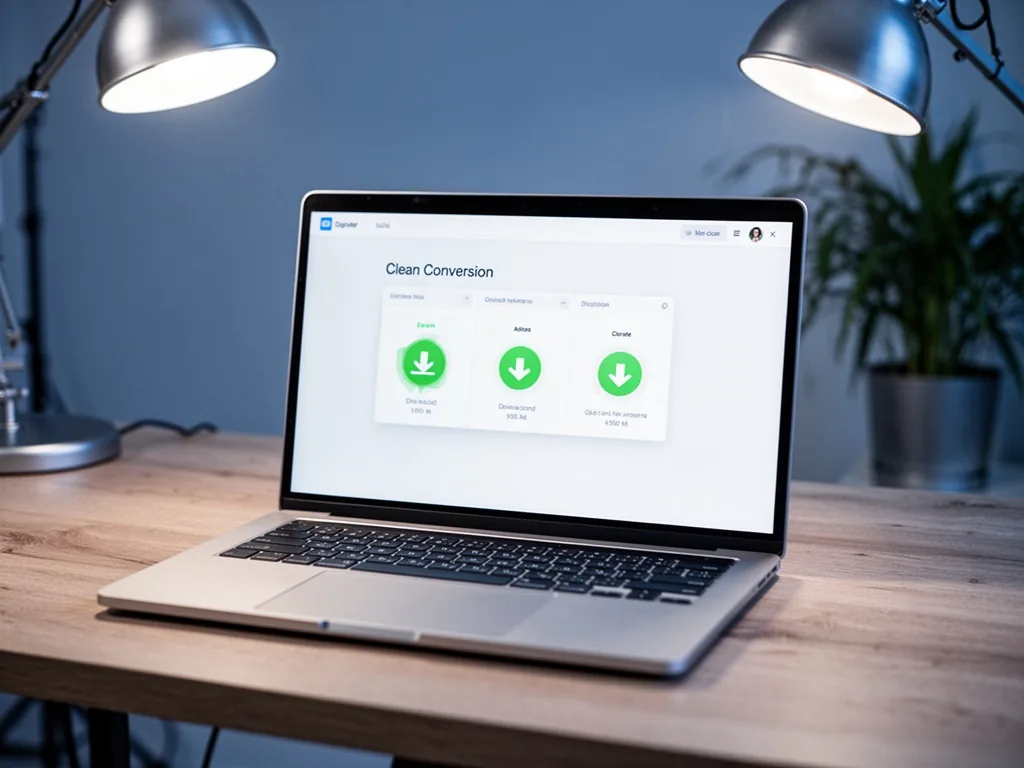 A silver laptop open on a wooden desk, screen showing a clean conversion interface with green download arrows, soft over