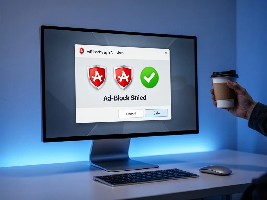 A computer monitor on a desk, antivirus popup window showing ad-block shield icons and a green safe checkmark, hand hold