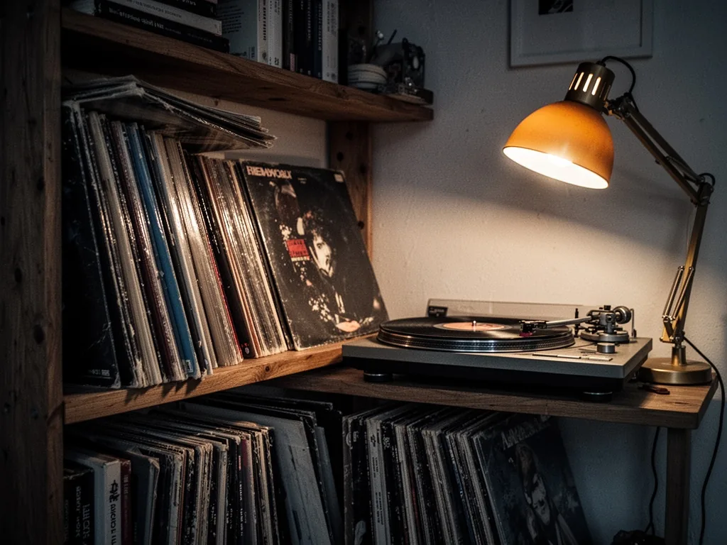 A wooden shelf filled with neatly arranged vinyl record sleeves and a vintage turntable, warm amber desk lamp light cast