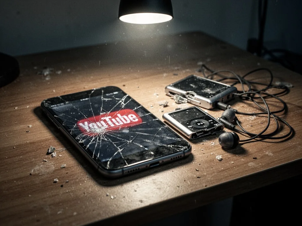 A wooden desk with a cracked smartphone screen showing a blurred YouTube logo, a broken MP3 player and tangled earphones